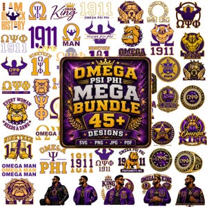 Op de afbeelding: Een digitale collectie Omega Psi Phi fraternity-afbeeldingen met paarse en gouden kleurenschema's, bulldog-mascottes, het getal 1911 en diverse tekstontwerpen, waaronder Omega Psi Phi Mega Bundle 45+ Designs in SVG, PNG, JPG en PDF-formaten.