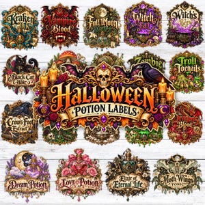 Może przedstawiać: Kolekcja dekoracyjnych etykiet na mikstury na Halloween z ozdobnymi ramkami, czaszkami, nietoperzami, świecami i magicznymi obrazami. Każda etykieta zawiera tekst, taki jak Kraken Ink, Vampire Blood, Full Moon Water, Witch Fat, Witch's Brew, Black Cat Hair, Crow's Foot Extract, Dragon's Blood, Dream Potion, Love Potion, Elixir of Eternal Life i Moth Wings Tonic.