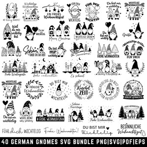 May include: A collection of 40 black and white digital illustrations featuring gnomes, Christmas trees, hearts, and festive German text. The designs include various holiday-themed motifs, such as gifts, stars, and winter scenes, presented in a grid layout.