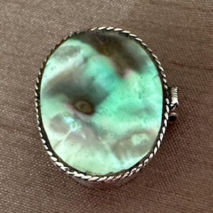 May include: An oval-shaped brooch featuring a polished iridescent abalone shell inlay with swirling green, blue, and brown tones. The shell is set within a silver-toned metal frame that has a decorative twisted rope border along the outer edge.