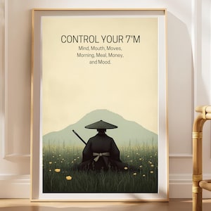May include: A rectangular wall art print in a thin gold frame featuring a figure in a black robe and wide-brimmed hat sitting in a field of green grass and yellow flowers. The text reads: CONTROL YOUR 7'M Mind, Mouth, Moves, Morning, Meal, Money, and Mood.