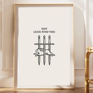 May include: A rectangular framed wall art print featuring a black ink illustration on a white background. The design displays three vertical swords with a rabbit leaping through them, accompanied by the text MAY LUCK FIND YOU in black.
