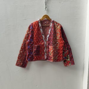 Handmade Red Cotton Quilted Jacket, Floral Boho Patchwork Coat, Indian Block Print Women’s Vintage Outerwear,indian jacket, womens jacket