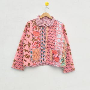 Indian Boho Quilted Cotton Jacket: Short Pink Patchwork  Coat,  Eco friendly Sustainable Cloth
