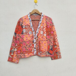 Handmade Orange Patchwork Cotton Quilted Jacket, Floral Block Print Boho Coat, Lightweight  Layering Jacket
