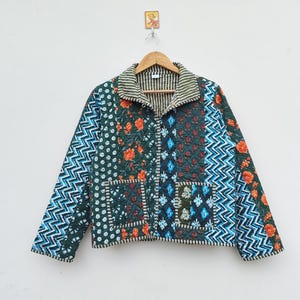 Handmade Reversible Cotton Quilted Jacket Women | Green Patchwork Floral Lightweight  Coat | Gift for Her