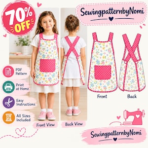Op de afbeelding: Een naaipatroon voor een kinderschort met een bloemenprint op een witte achtergrond, een roze zak met witte stippen en bijpassende randen. Het schort heeft gekruiste banden die op de rug sluiten met knopen. Tekst: SewingpatternbyNomi, 70% OFF, PDF Pattern, Print at Home, Easy Instructions, All Sizes Included.