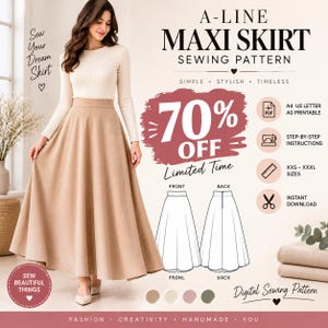 Może przedstawiać: Cyfrowy wykroj krawiecki na spódnicę maxi w kształcie litery A. Obraz zawiera tekst A-LINE MAXI SKIRT SEWING PATTERN, 70% OFF oraz ikony PDF, instrukcji, rozmiarów XXS-XXXL i pobierania. Zawiera ilustrację beżowej spódnicy.