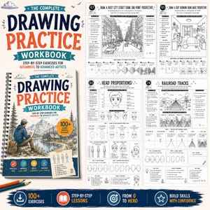 May include: A spiral-bound drawing practice workbook with a cover featuring a person sketching a mountain landscape. The workbook includes over 100 guided exercises, with interior pages showing step-by-step tutorials on perspective, head proportions, and railroad tracks.