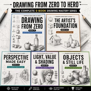 May include: A set of five instructional drawing books titled Drawing From Zero To Hero, featuring black and white illustrations of geometric shapes, still life objects, architectural structures, and a classical bust, with two graphite pencils on the sides.