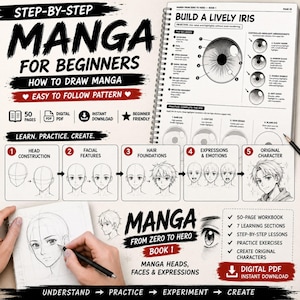 Può includere: Un manuale digitale intitolato Step-by-Step Manga for Beginners con diagrammi didattici sul disegno di occhi, tratti del viso, capelli ed espressioni manga. La guida include un layout di 50 pagine con esercizi pratici.