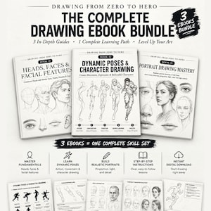 Op de afbeelding: Een digitaal e-bookpakket getiteld Drawing From Zero To Hero, bestaande uit drie boeken: Heads, Faces & Facial Features, Dynamic Poses & Character Drawing en Portrait Drawing Mastery, voorzien van instructieve diagrammen en tekst.