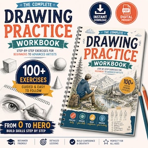 Op de afbeelding: Een spiraalgebonden tekenwerkboek met de titel The Complete Drawing Practice Workbook, 100+ oefeningen en illustraties van een persoon die bij een meer tekent, geometrische vormen en een oog, inclusief tekst die wijst op een digitale download.