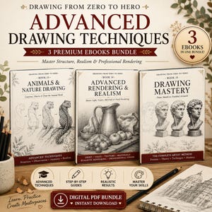 May include: A digital bundle of three instructional ebooks titled Drawing From Zero To Hero, featuring Advanced Drawing Techniques, Animals & Nature Drawing, Advanced Rendering & Realism, and Drawing Mastery with step-by-step guides.
