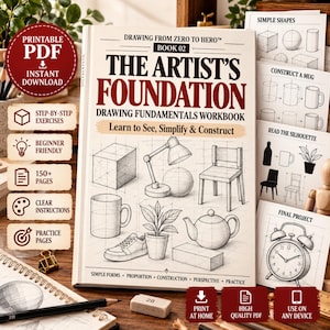 Pode incluir: Um livro de exercícios de fundamentos de desenho intitulado The Artist's Foundation, Book 02, com uma ilustração de capa de vários objetos como um cubo, lâmpada, cadeira, caneca, planta e bule. Inclui exercícios passo a passo e páginas de prática.
