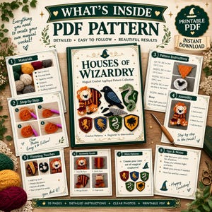 Op de afbeelding: Een digitaal PDF-haakpatroon getiteld Houses of Wizardry, met instructies voor magische applicaties. Het document bevat secties voor materialen, stapsgewijze handleidingen, montage en afwerking met duidelijke foto's en tekst.