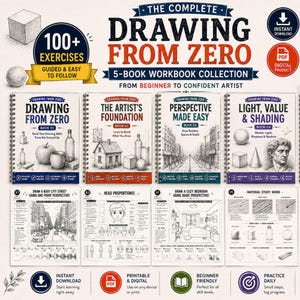Op de afbeelding: Een digitale 5-delige werkboekcollectie getiteld The Complete Drawing From Zero, met meer dan 100 oefeningen. De set bevat vier spiraalgebonden boeken over tekenfundamenten, perspectief en schaduw, plus instructiepagina's voor stadsgezichten en anatomie.