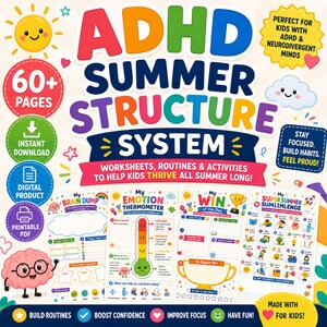 Sistema di struttura estiva per bambini con ADHD stampabile in PDF / Oltre 60 tabelle di routine per bambini, fogli di lavoro sulle funzioni esecutive, pacchetto di pianificazione visiva