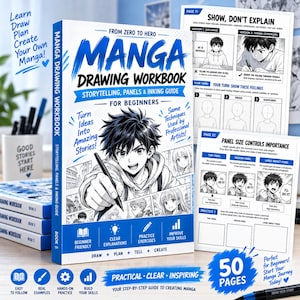 Peut inclure: Un cahier d'exercices de dessin manga pour débutants avec une couverture bleue et blanche illustrée d'un personnage qui dessine. Le livre contient des sections sur la narration, les cases et l'encrage, avec des pages intérieures montrant des exercices.