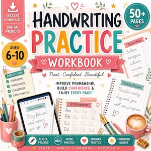 May include: A digital handwriting practice workbook featuring colorful text, letter tracing exercises, sentence practice pages, and illustrations of pencils, a tablet, and a coffee mug. The cover displays the title Handwriting Practice Workbook.