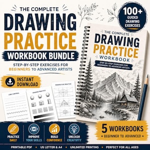 May include: A spiral-bound drawing workbook titled The Complete Drawing Practice Workbook Bundle, featuring step-by-step exercises for beginners to advanced artists, 100+ guided drawing exercises, 5 workbooks, and a mountain landscape cover illustration.