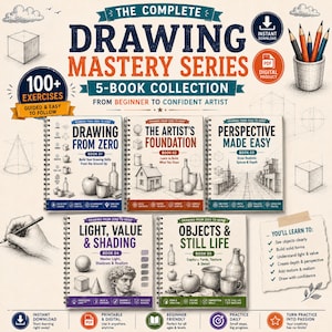 Può includere: La collezione di 5 libri The Complete Drawing Mastery Series presenta guide didattiche rilegate a spirale intitolate Drawing From Zero, The Artist's Foundation, Perspective Made Easy, Light, Value & Shading e Objects & Still Life con illustrazioni.
