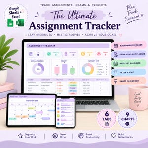 May include: A digital assignment tracker template displayed on a laptop, tablet, and smartphone. The screen shows charts, progress bars, and a calendar with the text The Ultimate Assignment Tracker, Plan Track Succeed, and Google Sheets + Excel.