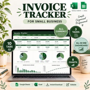 May include: A digital invoice tracker spreadsheet for small businesses, compatible with Google Sheets and Excel. The screen displays a dashboard with financial data, pie charts, and bar graphs. Circular badges highlight features like 10 tabs, 3 taxes, 8 charts, and all currency support.