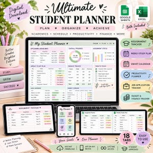 Planificador estudiantil todo en uno, hoja de cálculo para estudiantes, seguimiento de tareas, estudios académicos, horario de clases universitarias, plantilla de Google Sheets y Excel