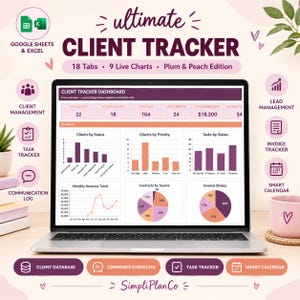 Könnte beinhalten: Ein digitales Client-Tracker-Dashboard auf einem Laptop-Bildschirm mit 18 Registerkarten und 9 Live-Diagrammen in Pflaumen- und Pfirsichtönen. Die Benutzeroberfläche enthält Bereiche für Kundenverwaltung, Aufgabenverfolgung und Umsatztrends.