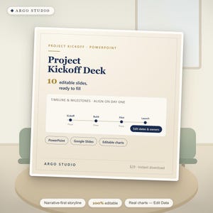 Könnte beinhalten: Eine digitale Projekt-Kickoff-Präsentationsvorlage mit 10 bearbeitbaren Folien. Das Design enthält eine Zeitstrahlgrafik mit den Meilensteinen Kickoff, Build, Pilot und Launch sowie Text zur Kompatibilität mit PowerPoint und Google Slides.