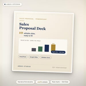 Puede incluir: Una plantilla digital de propuesta de ventas con el texto Sales Proposal Deck, 10 editable slides, ready to fill y Value & ROI - Earn the Price. Incluye un gráfico de barras, botones para PowerPoint y Google Slides, y la etiqueta Right-click - Edit Data.