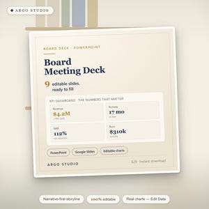 Pode incluir: Um modelo de apresentação digital intitulado Board Meeting Deck da Argo Studio, com 9 slides editáveis. O layout inclui um painel de KPI com métricas de receita, runway, NRR e burn, além de botões para PowerPoint e Google Slides.