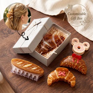 Cute Croissant Bread Food Hair Claw Clip, Acrylic Hair Clamp Hair Accessory with Custom Gift Box, Kawaii Hair Styling Gift for Her