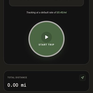 May include: A digital mileage tracker interface on a dark background with the text Mileage Tracker Live GPS Mileage & Cost Logs. It displays a status of Ready to Track, current distance of 0.00 mi, estimated cost of £0.00, and a Start Trip button.