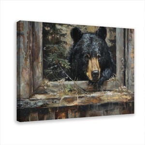 May include: A rectangular canvas wall art print featuring a detailed painting of a black bear looking through a weathered wooden window frame. The bear has dark fur and a tan muzzle, positioned within a rustic, textured setting with earthy tones.