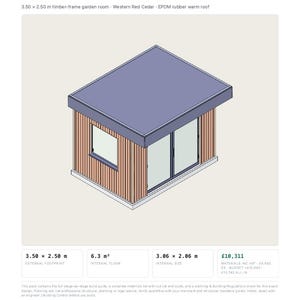 May include: A Garden Room Build Pack document by Twenty Paces featuring a 3.50 x 2.50 m timber-frame garden room with Western Red Cedar siding and an EPDM rubber warm roof. The document includes technical specifications, dimensions, and cost data.