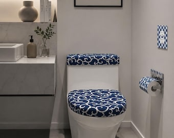 Juego de tapa de asiento y cubierta de tanque de inodoro, estampado arabesco, azul marino