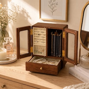 Personalized Engraved Cabinet Jewelry Box,Vintage Solid Wood Double Door Organizer,Rotating Necklace Holder,Multiple Jewelry Storage,Wedding