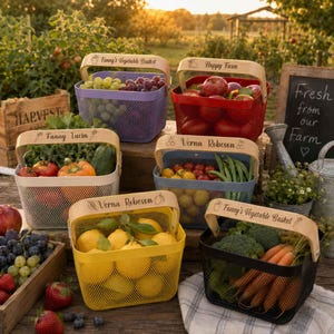 May include: Six rectangular metal mesh baskets with wooden handles, each featuring custom engraved text and graphics. The baskets are coloured purple, red, white, blue, yellow, and black, and are filled with various fresh fruits and vegetables.