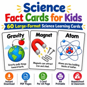 May include: Science Fact Cards for Kids featuring 60 large-format learning cards. Three sample cards show illustrations of gravity with an apple and Earth, a red horseshoe magnet with nails and paperclips, and an atom with blue and red spheres.