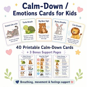 Calm Down Cards for Kids Printable PDF Emotions Cards Calm Corner SEL Tool Preschool Classroom Coping Skills