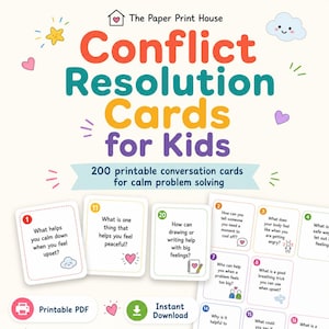 May include: Conflict Resolution Cards for Kids printable set featuring 200 conversation cards for problem solving. The design includes colourful text, a star, a cloud, and hearts. Individual cards display numbered questions like What helps you calm down.