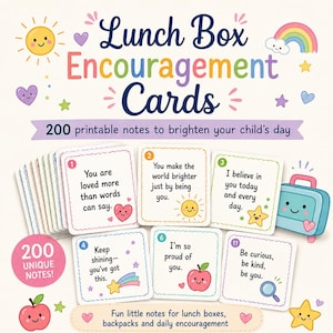 Lunch Box Encouragement Cards Printable PDF 200 Kids Notes School Affirmation Cards Lunchbox Notes Instant Download