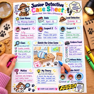 Op de afbeelding: Een Junior Detective Case Sheet gedrukt op wit papier met kleurrijke secties voor de naam van de zaak, datum, verdachten, aanwijzingen, plaats delict schets, motief en theorie, met illustraties van een detective, een hond en een koekjespot.