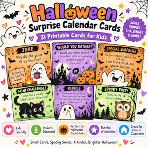May include: A set of 31 printable Halloween surprise calendar cards for children featuring jokes, riddles, and challenges. The cards display colourful illustrations of ghosts, pumpkins, owls, and black cats with text including 'Would You Rather', 'Special Surprise', and 'Mini Challenge'.