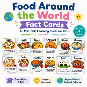 Puede incluir: Un conjunto de 60 tarjetas educativas imprimibles sobre comida de todo el mundo para niños, con ilustraciones coloridas de platos como pizza, sushi, tacos y dim sum con texto descriptivo. El diseño incluye un globo terráqueo y iconos.
