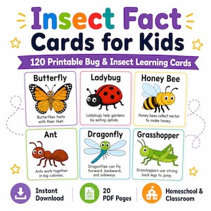 Puede incluir: Un conjunto de 120 tarjetas educativas imprimibles sobre insectos para niños, con ilustraciones de una mariposa, mariquita, abeja, hormiga, libélula y saltamontes. Cada tarjeta incluye el nombre del insecto y un dato breve en inglés.