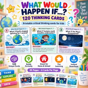 Può includere: Un set di 120 carte di riflessione stampabili intitolate What Would Happen If... con illustrazioni colorate e domande su scienza e natura. Le carte includono esempi come l'arresto della Terra, respirare sott'acqua e la scomparsa della Luna.