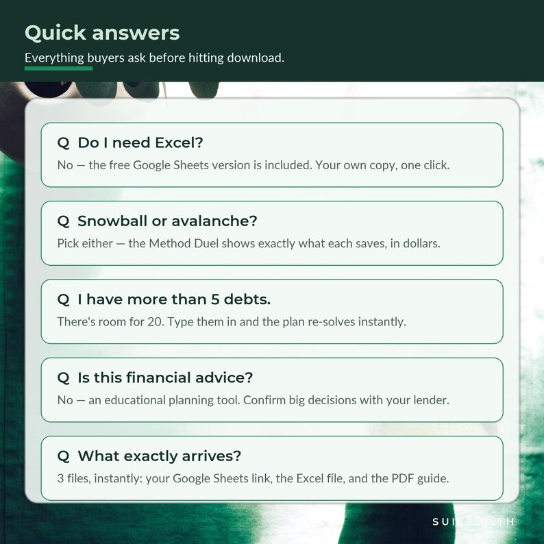 May include: A digital infographic titled Quick answers with five frequently asked questions about a financial planning tool. It addresses compatibility with Excel and Google Sheets, debt payoff methods, capacity for 20 debts, financial advice, and file delivery.